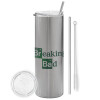 Tumbler stainless steel Silver 600ml, with metal straw & cleaning brush