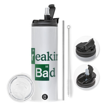 Breaking Bad, Travel Tumbler θερμό με διπλό καπάκι, μεταλλικό καλαμάκι και βούρτσα καθαρισμού (Ανωξείδωτο 304 Food grade, BPA free, 600ml)