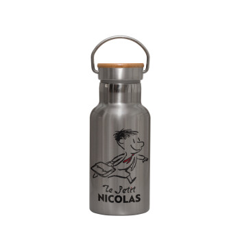 Le Petit Nicolas, Stainless steel metallic thermos flask, silver with a bamboo lid, double-walled, 350ml.