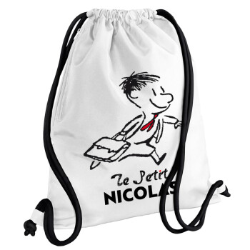 Le Petit Nicolas, Τσάντα πλάτης πουγκί GYMBAG λευκή, με τσέπη (40x48cm) & χονδρά κορδόνια
