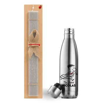 Le Petit Nicolas, Easter Set, metallic stainless thermos flask (500ml) & scented flat Easter candle (30cm) (GRAY)