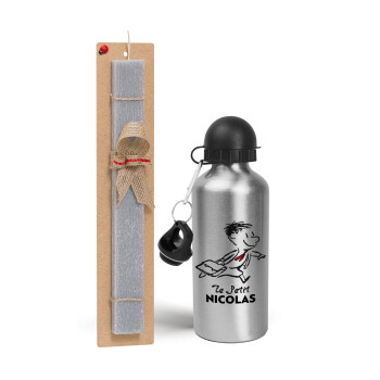 Le Petit Nicolas, Easter Set, metallic silver aluminum water bottle (500ml) & aromatic flat Easter candle (30cm) (GRAY)