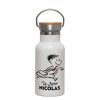 Metallic thermos (Stainless steel) White with wooden lid (bamboo), double-walled, 350ml