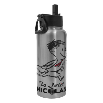 Le Petit Nicolas, Metal mug thermo Silver with Straw and Spout Lid (Stainless steel), double wall, 950ml