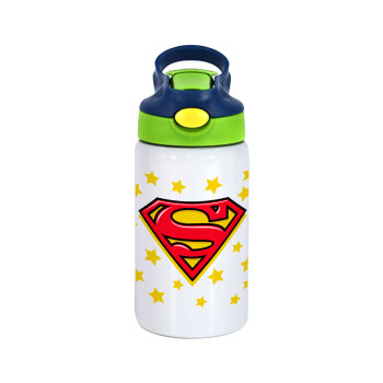 Superman Blue, Children's hot water bottle, stainless steel, with safety straw, green, blue (350ml)