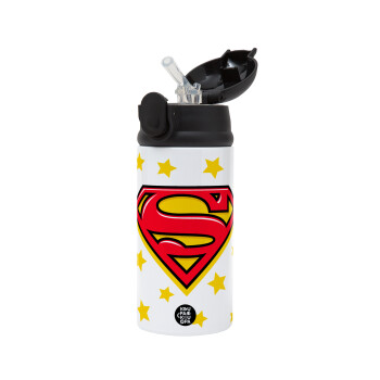 Superman Blue, Children's hot water bottle, stainless steel, with safety straw, Black (360ml) BPA-FREE