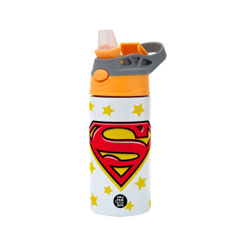 Superman Blue, Children's hot water bottle, stainless steel, with safety straw, Orange/Grey (360ml) BPA-FREE