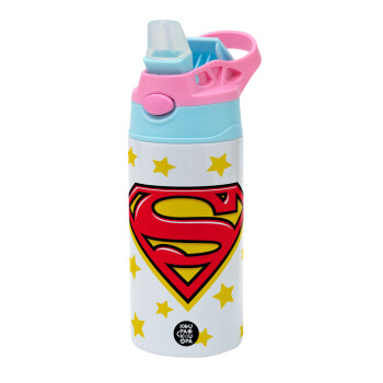 Superman Blue, Children's hot water bottle, stainless steel, with safety straw, Pink/BlueCiel (360ml) BPA FREE