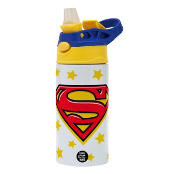 Superman Blue, Children's hot water bottle, stainless steel, with safety straw, green, blue (360ml) BPA FREE