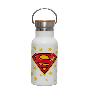 Superman Blue, Μεταλλικό παγούρι θερμός (Stainless steel) Λευκό με ξύλινο καπακι (bamboo), διπλού τοιχώματος, 350ml