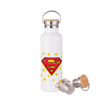 Superman Blue, Μεταλλικό παγούρι θερμός (Stainless steel) Λευκό με ξύλινο καπακι (bamboo), διπλού τοιχώματος, 750ml