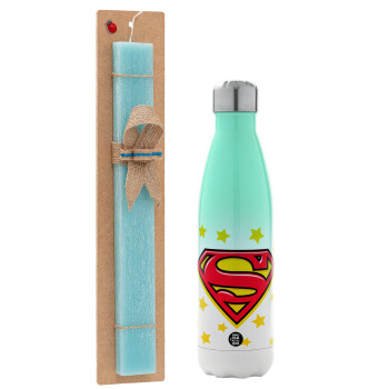 Superman Blue, Easter Set, Metallic green/white thermos (Stainless steel), double-walled, 500ml & scented flat Easter candle (30cm) (TURQUOISE)