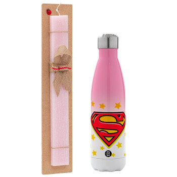 Superman Blue, Easter Set, Metallic pink/white (Stainless steel) thermos, double-walled, 500ml & aromatic flat Easter candle (30cm) (PINK)