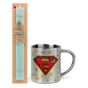 Superman Blue, Easter Set, metallic thermal cup (300ml) & aromatic flat Easter candle (30cm) (TURQUOISE)