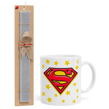 Superman Blue, Easter Set, Ceramic Cup (330ml) & Easter aromatic flat candle (30cm) (GRAY)