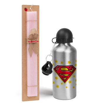 Superman Blue, Easter Set, metallic Silver aluminum water bottle (500ml) & scented flat Easter candle (30cm) (PINK)