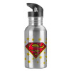 Water bottle Silver with straw, stainless steel 600ml