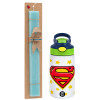 Easter Set, Children's thermal stainless steel bottle with safety straw, green/blue (350ml) & aromatic flat Easter candle (30cm) (TURQUOISE)