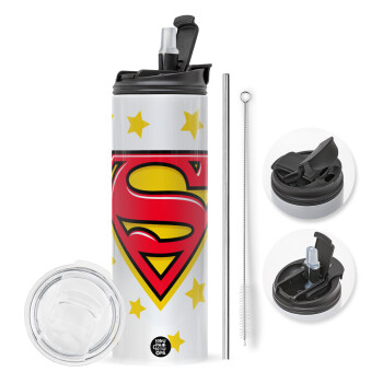 Superman Blue, Travel Tumbler θερμό με διπλό καπάκι, μεταλλικό καλαμάκι και βούρτσα καθαρισμού (Ανωξείδωτο 304 Food grade, BPA free, 600ml)