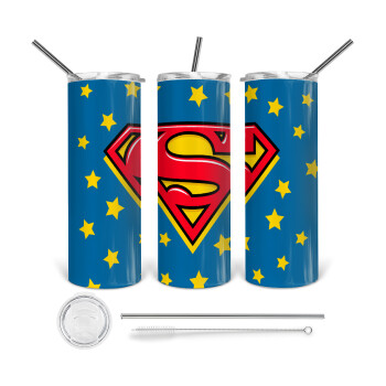 Superman Blue, 360 Eco friendly ποτήρι θερμό (tumbler) από ανοξείδωτο ατσάλι 600ml, με μεταλλικό καλαμάκι & βούρτσα καθαρισμού