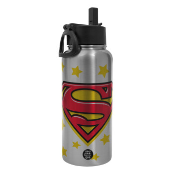 Superman Blue, Metal mug thermo Silver with Straw and Spout Lid (Stainless steel), double wall, 950ml