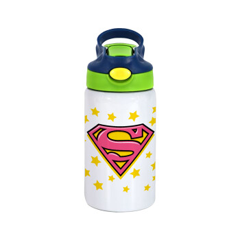 Superman Pink, Children's hot water bottle, stainless steel, with safety straw, green, blue (350ml)