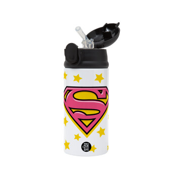 Superman Pink, Children's hot water bottle, stainless steel, with safety straw, Black (360ml) BPA-FREE