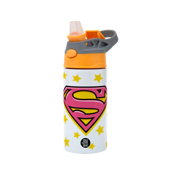 Superman Pink, Children's hot water bottle, stainless steel, with safety straw, Orange/Grey (360ml) BPA-FREE