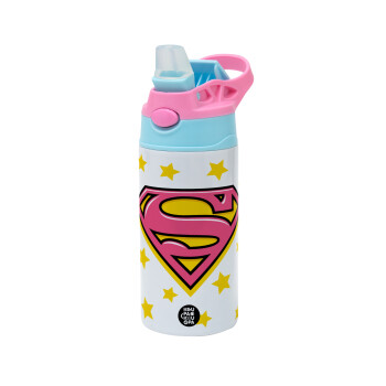 Superman Pink, Children's hot water bottle, stainless steel, with safety straw, Pink/BlueCiel (360ml) BPA FREE