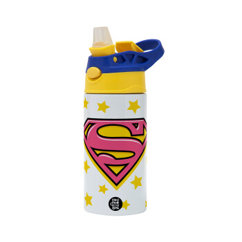 Superman Pink, Children's hot water bottle, stainless steel, with safety straw, green, blue (360ml) BPA FREE