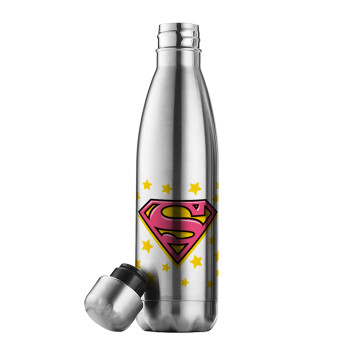 Superman Pink, Μεταλλικό παγούρι θερμός Inox (Stainless steel), διπλού τοιχώματος, 500ml