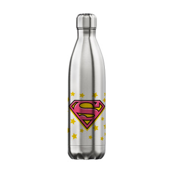 Superman Pink, Μεταλλικό παγούρι θερμός Inox (Stainless steel), διπλού τοιχώματος, 750ml