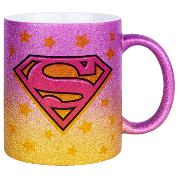 Superman Pink, Κούπα Χρυσή/Ροζ Glitter, κεραμική, 330ml