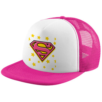 Superman Pink, Καπέλο παιδικό Soft Trucker με Δίχτυ ΡΟΖ/ΛΕΥΚΟ (POLYESTER, ΠΑΙΔΙΚΟ, ONE SIZE)