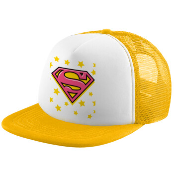 Superman Pink, Adult Soft Trucker Hat with Yellow/White Mesh (POLYESTER, ADULT, UNISEX, ONE SIZE)