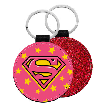 Superman Pink, Μπρελόκ Δερματίνη, στρογγυλό ΚΟΚΚΙΝΟ (5cm)