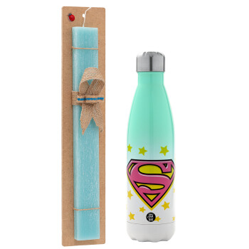 Superman Pink, Easter Set, Metallic green/white thermos (Stainless steel), double-walled, 500ml & scented flat Easter candle (30cm) (TURQUOISE)