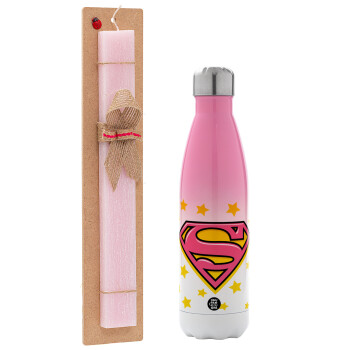 Superman Pink, Easter Set, Metallic pink/white (Stainless steel) thermos, double-walled, 500ml & aromatic flat Easter candle (30cm) (PINK)