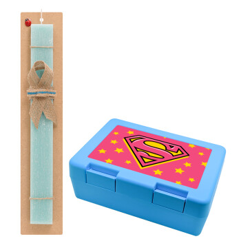 Superman Pink, Easter Set, children's snack container BLUE & Easter aromatic flat candle (30cm) (TURQUOISE)