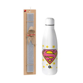 Superman Pink, Πασχαλινό Σετ, μεταλλικό παγούρι Inox (700ml) & πασχαλινή λαμπάδα αρωματική πλακέ (30cm) (ΓΚΡΙ)