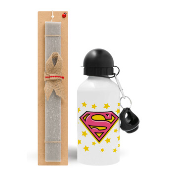 Superman Pink, Easter Set, metallic aluminum water bottle (500ml) & aromatic flat Easter candle (30cm) (GRAY)