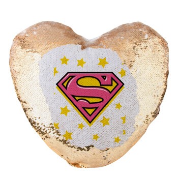 Superman Pink, Μαξιλάρι καναπέ καρδιά Μαγικό Χρυσό με πούλιες 40x40cm περιέχεται το  γέμισμα