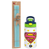 Easter Set, Children's thermal stainless steel bottle with safety straw, green/blue (350ml) & aromatic flat Easter candle (30cm) (TURQUOISE)