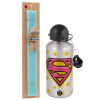 Easter Set, metallic silver aluminum water bottle (500ml) & scented flat Easter candle (30cm) (TURQUOISE)