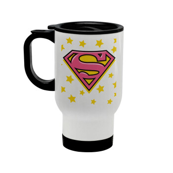 Superman Pink, Stainless steel travel mug with lid, double wall white 450ml