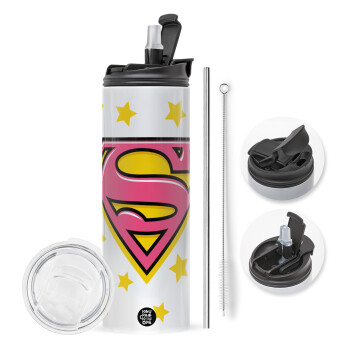 Superman Pink, Travel Tumbler θερμό με διπλό καπάκι, μεταλλικό καλαμάκι και βούρτσα καθαρισμού (Ανωξείδωτο 304 Food grade, BPA free, 600ml)