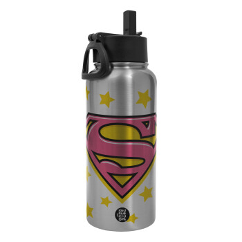 Superman Pink, Μεταλλικό παγούρι θερμός Silver με καλαμάκι και χερούλι (Stainless steel), διπλού τοιχώματος, 950ml