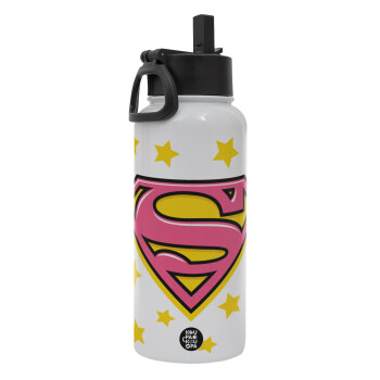 Superman Pink, Μεταλλικό παγούρι θερμός Λευκό με καλαμάκι και χερούλι (Stainless steel), διπλού τοιχώματος, 950ml