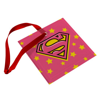 Superman Pink, Στολίδι Χριστουγεννιάτικο στολίδι γυάλινο τετράγωνο 9x9cm