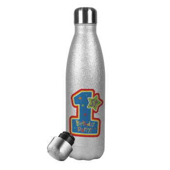 Happy 1st Birthday, Metallic Glitter Silver Thermos Flask (Stainless steel), double-walled, 500ml